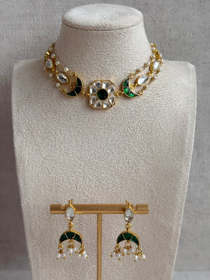 Ayura Designs Mahi Choker Set with Earrings – Meenakari Kundan Emerald Green & Ivory Detailing
