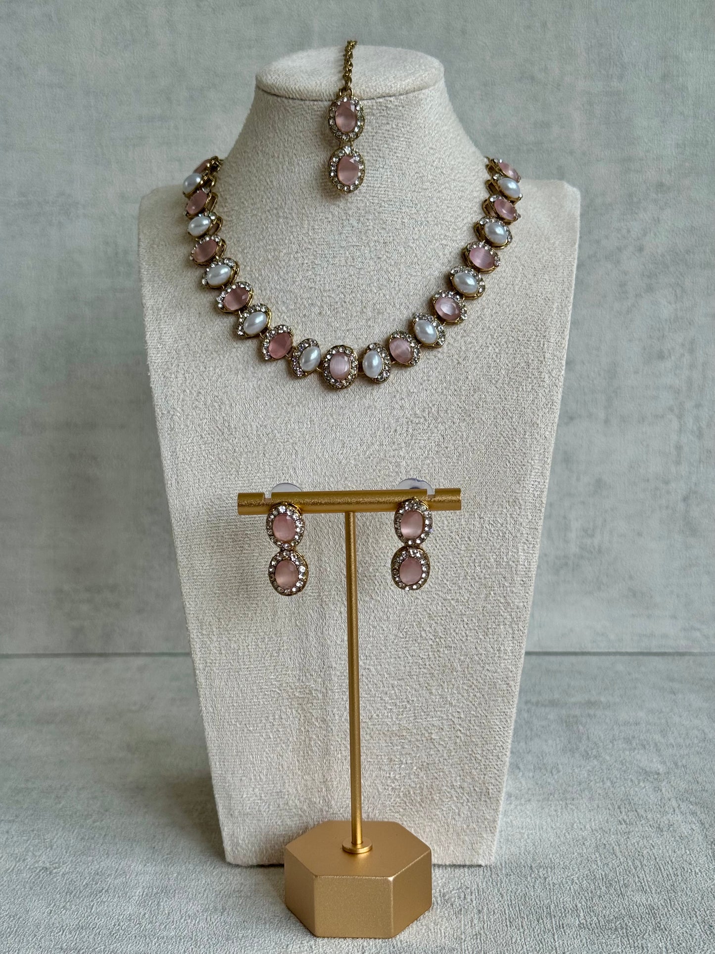 Ayura Designs Eira Set – Necklace, Earrings & Tikka with Blush Pink & Ivory Oval Stones in Antique Gold