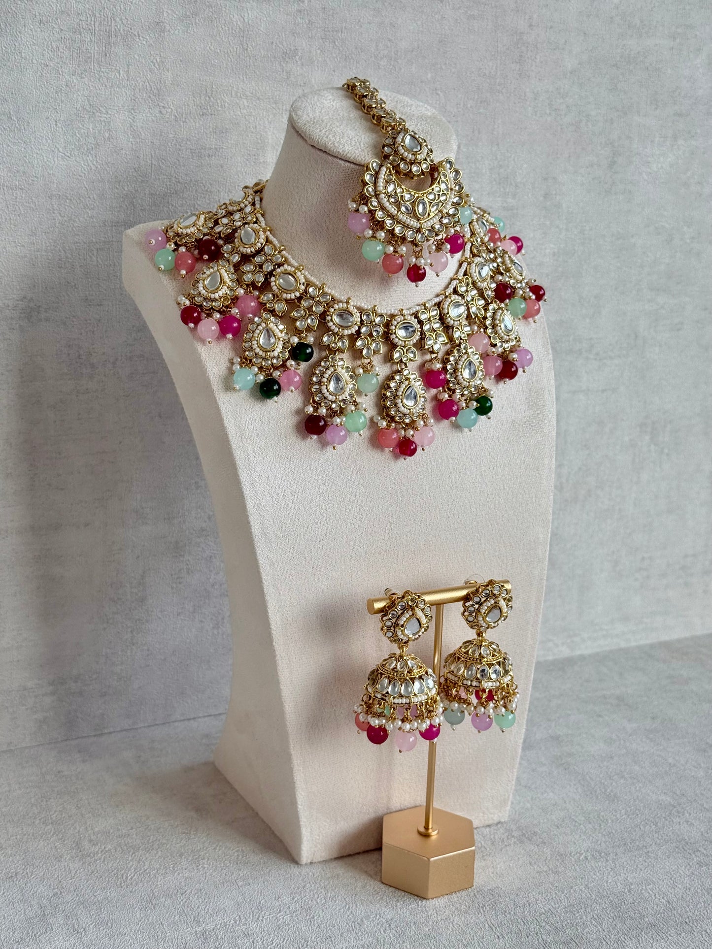 Ayura Designs Iyla Set with Necklace, Earrings & Tikka – Kundan Detailing, Ivory Pearl Drops & Multicolour Beads