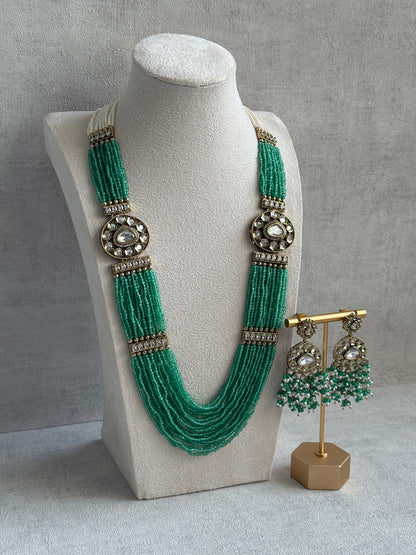 Ayura Designs Sienna Set – Long Layered Necklace & Earrings with Sea Green Beads, Mirror-Cut Kundan & Pearl Detailing