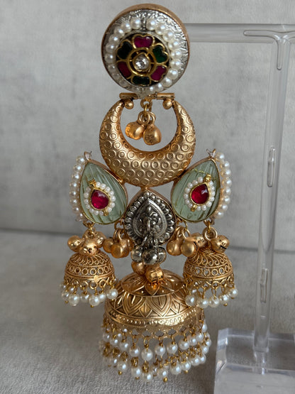 Ayura Designs Wajiha Earrings – Antique Gold Chandbalis with Meenakari Studs, Crescent Drops, Mint Enamel Petals & Layered Pearl Jhumkas