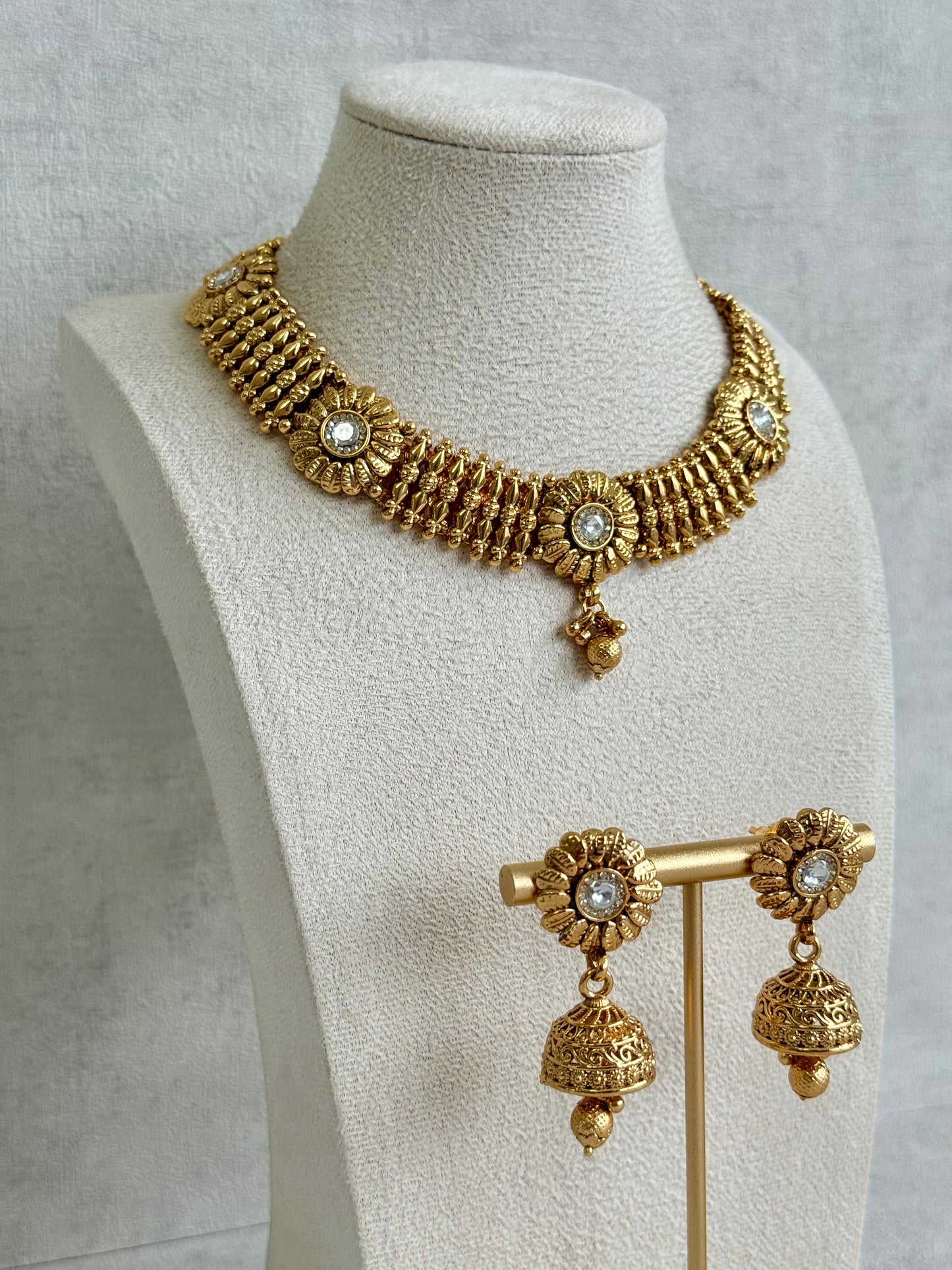 Ayura Designs Arisa Choker Set with Jhumkis – Antique Gold Floral Motifs with Ghungroo Drops