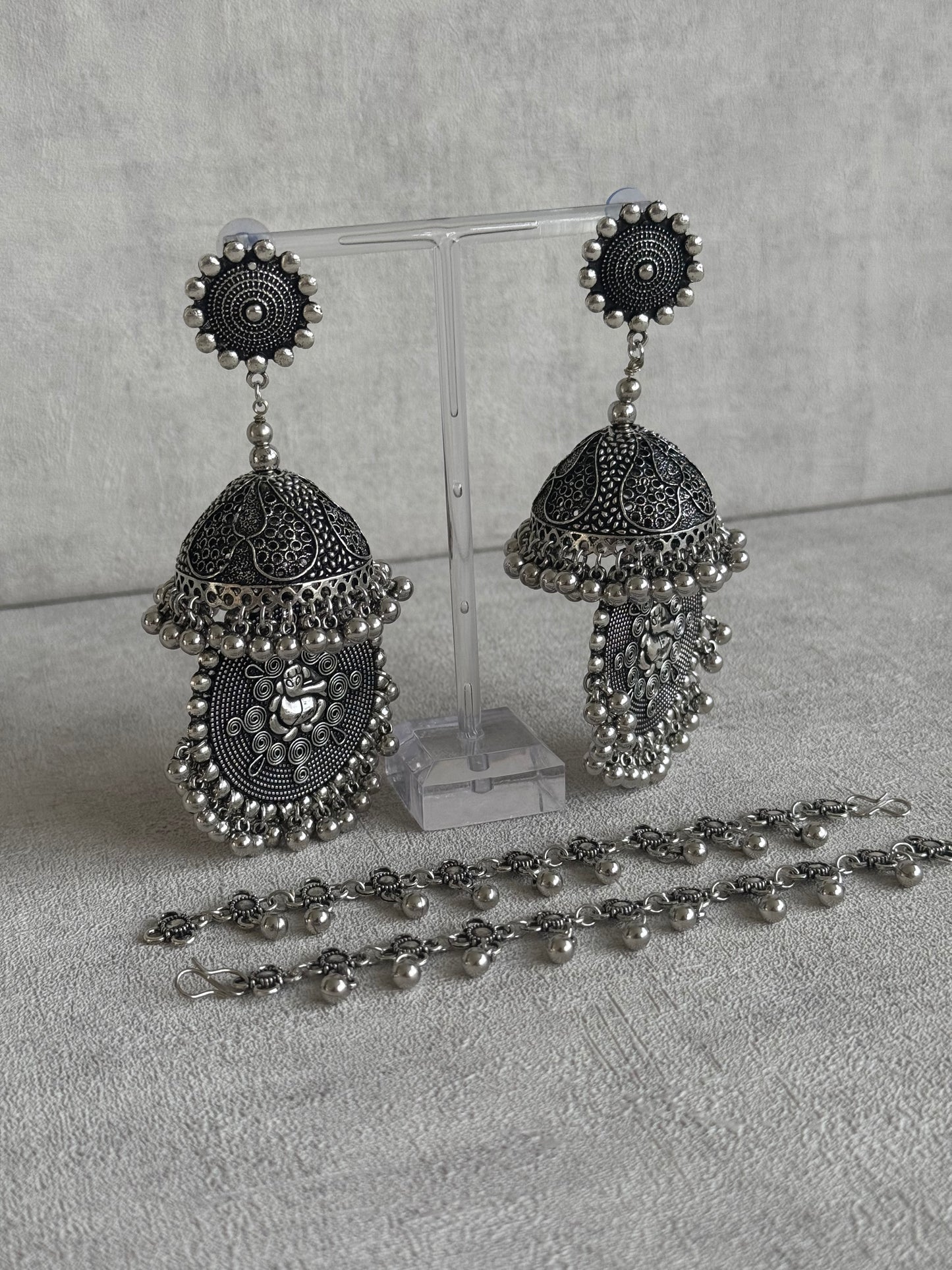 Ayura Designs Kashish Earrings – Oxidised Silver with Lord Ganesh Motif, Dome Jhumkas & Matching Sahare