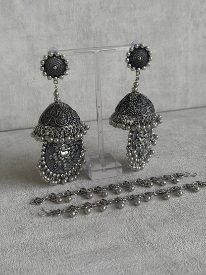 Ayura Designs Kashish Earrings – Oxidised Silver with Lord Ganesh Motif, Dome Jhumkas & Matching Sahare