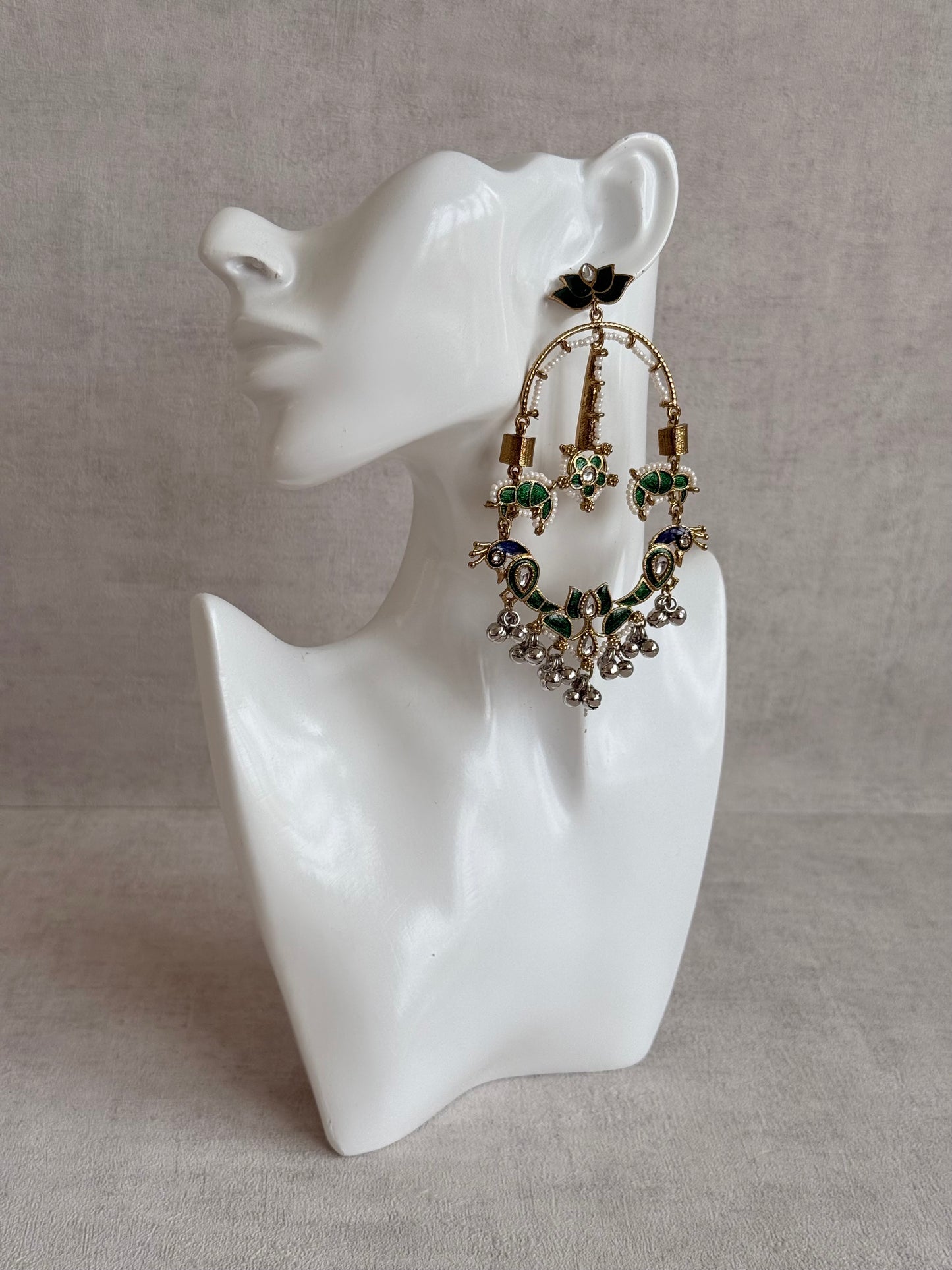 Ayura Designs Zoonpari Earrings – Emerald Green & Blue Meenakari Peacock Chandeliers in Dual Tone with Ghungroos