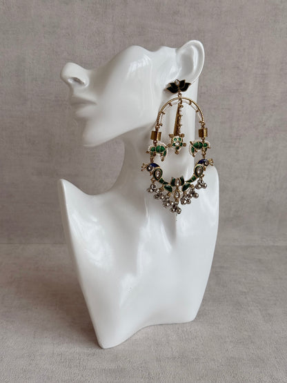 Ayura Designs Zoonpari Earrings – Emerald Green & Blue Meenakari Peacock Chandeliers in Dual Tone with Ghungroos