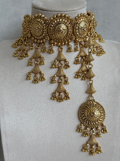 Ayura Designs Farzeena Choker Set with Earrings & Tikka – Traditional Gold Tone Waterfall Jewellery Set with Ghungroo Detailing