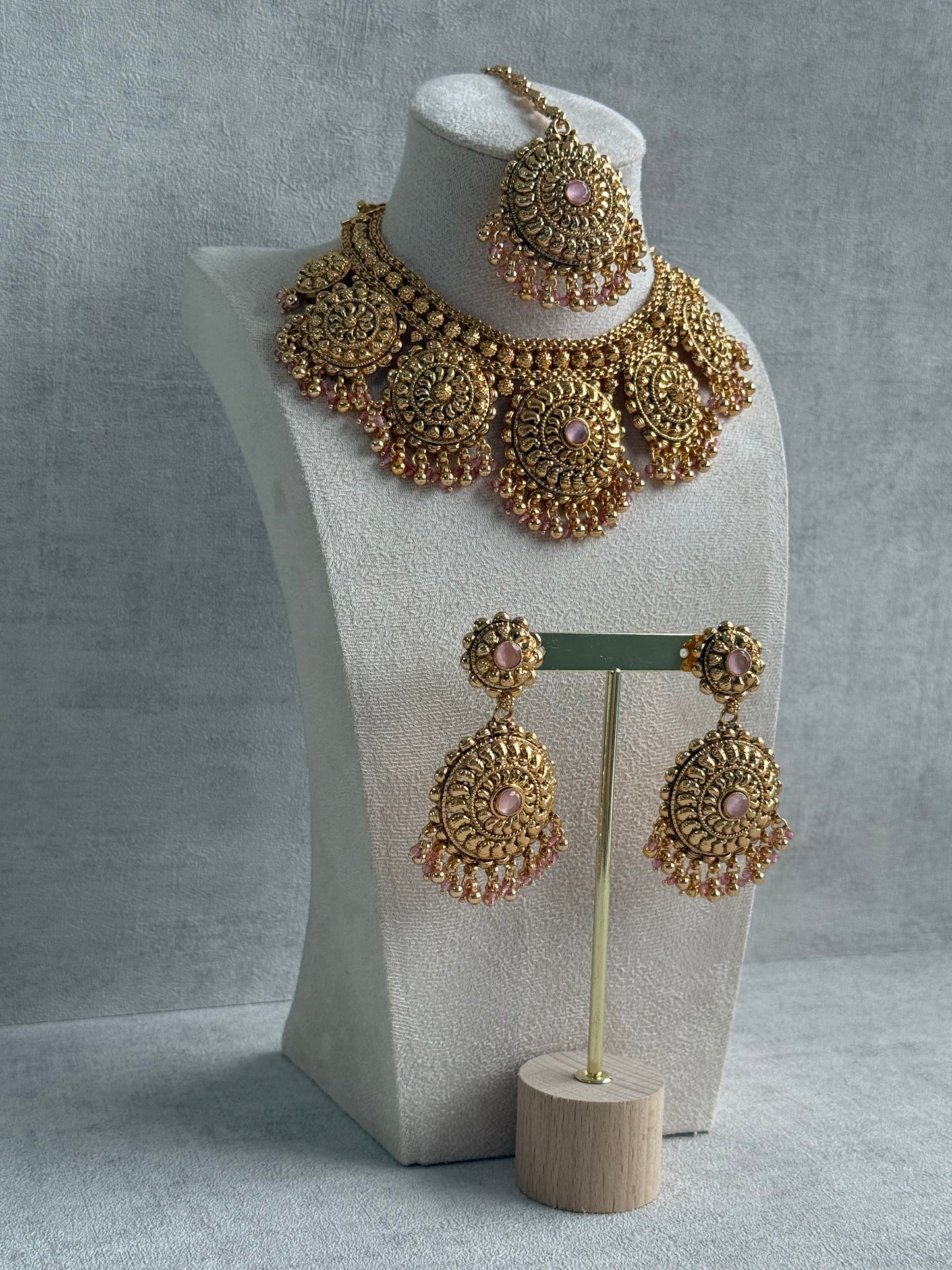Ayura Designs Rummy Set – Statement Necklace, Earrings & Tikka with Blush Pink Beads and Polished Gold Finish