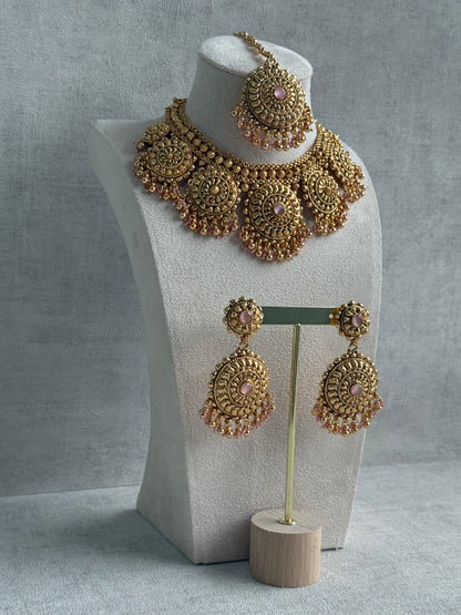 Ayura Designs Rummy Set – Statement Necklace, Earrings & Tikka with Blush Pink Beads and Polished Gold Finish