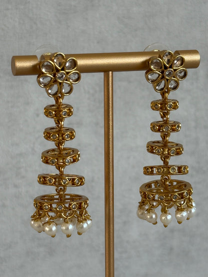 Ayura Designs Adira Jhumkis – Gold Floral Jhumkis with Layered Crystal Rings & Pearl Drops