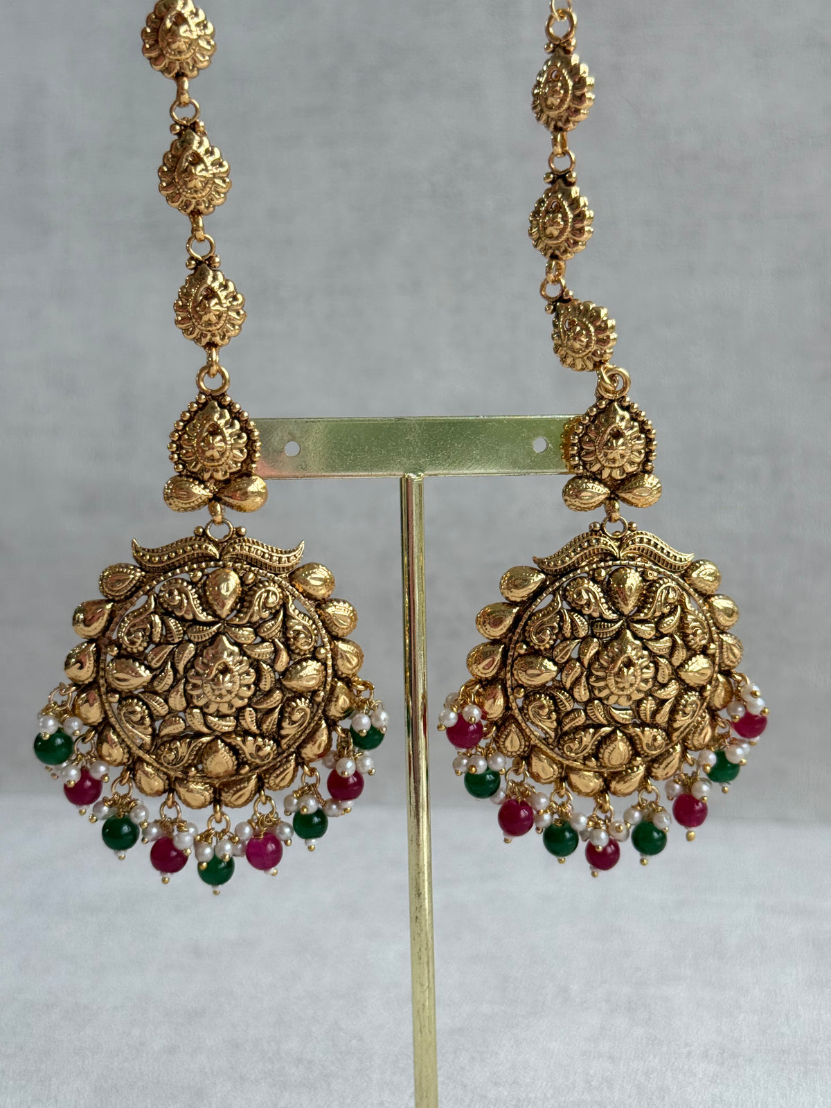 Ayura Designs Karima Choker Set with Sahare Earrings & Tikka – Waterfall Design, Rani Pink & Green Beads, Pearls & Antique Gold Finish