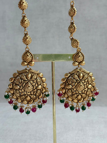 Ayura Designs Karima Choker Set with Sahare Earrings & Tikka – Waterfall Design, Rani Pink & Green Beads, Pearls & Antique Gold Finish