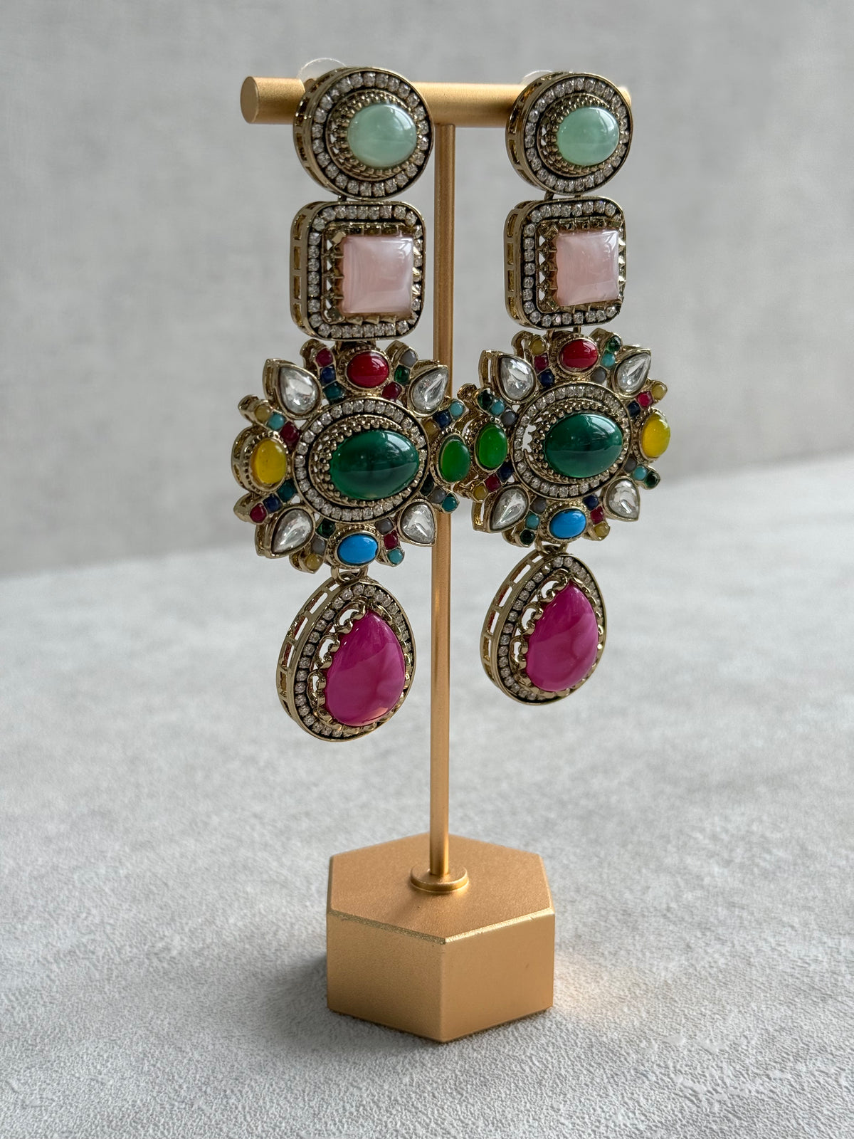 Ayura Designs Jeenat Earrings – Multicolour Stones, Crystal Detailing & Rani Pink Teardrops