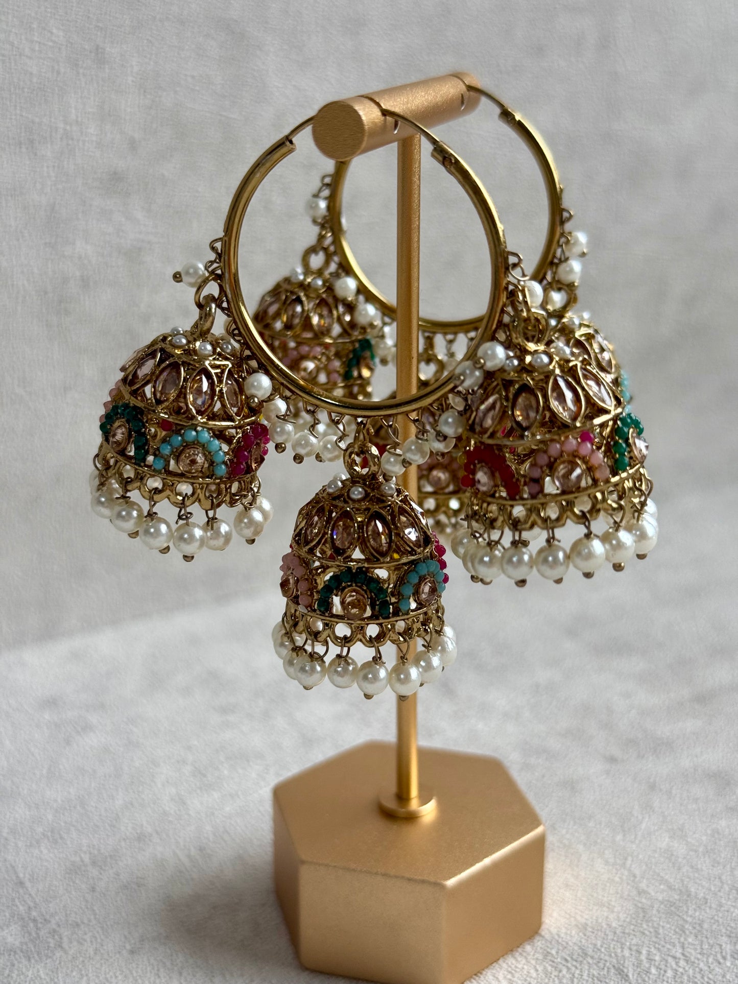 Ayura Designs Nakhra Balis – Multicolour Triple Dome Earrings with Mirror-Cut Stones & Pearl Detailing