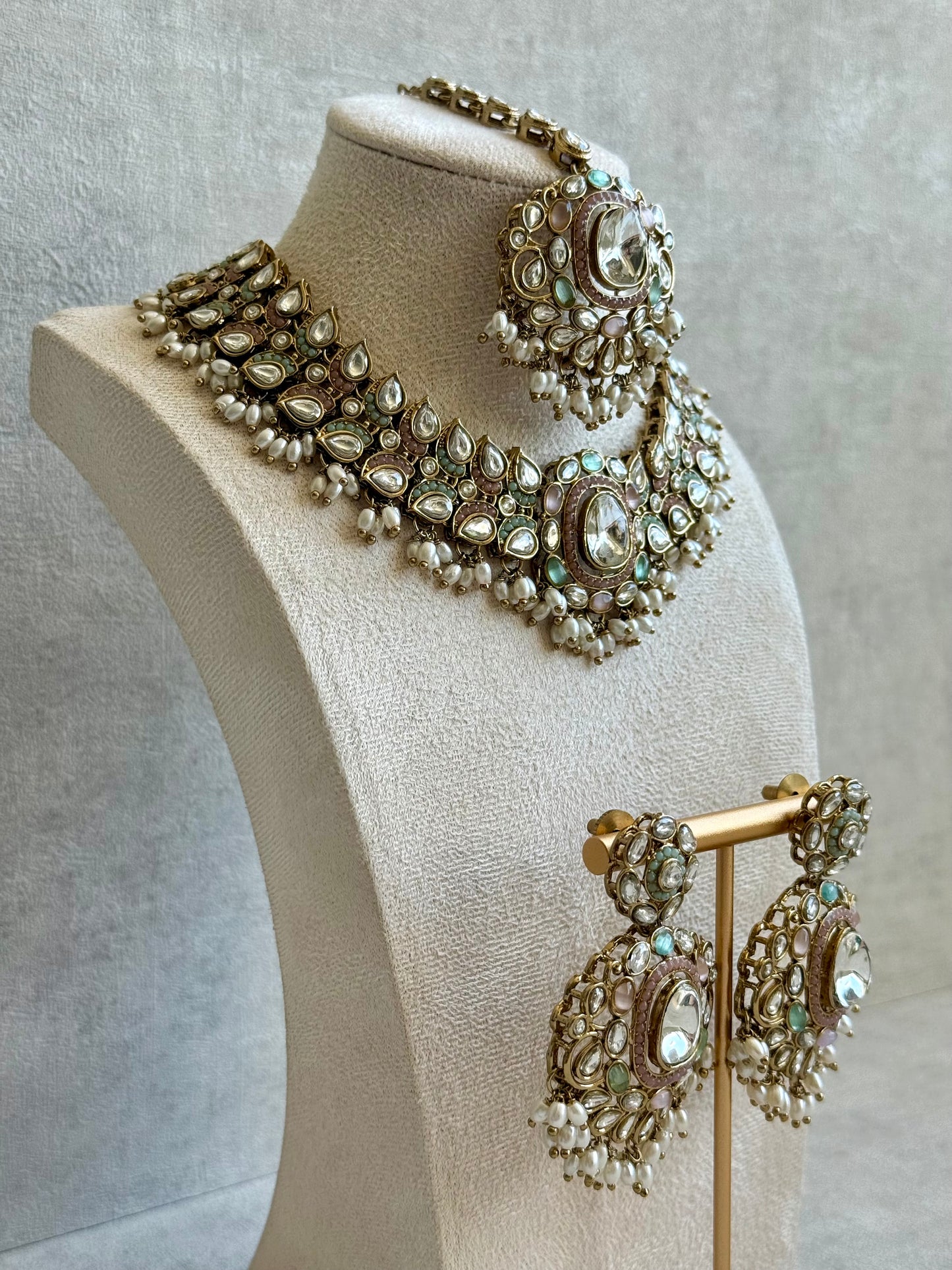 Ayura Designs Durriya Set with Earrings & Tikka – Antique Gold Finish, Mirror-Cut Stones & Pastel Pink, Mint & Ivory Enamel