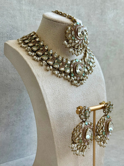 Ayura Designs Durriya Set with Earrings & Tikka – Antique Gold Finish, Mirror-Cut Stones & Pastel Pink, Mint & Ivory Enamel
