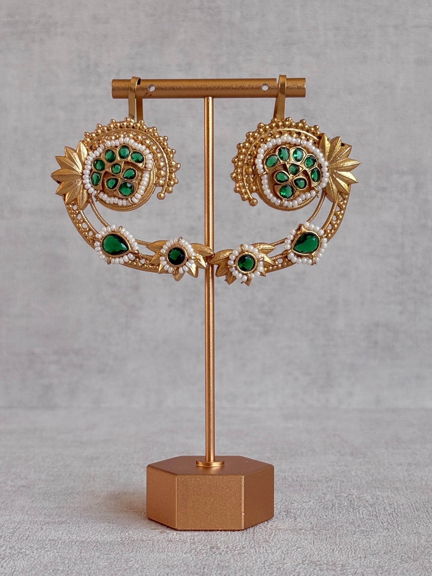 Ayura Designs Raatani Ear Climbers – Emerald Green Ear Climbers with Pearl Detailing & Floral Cutwork Design