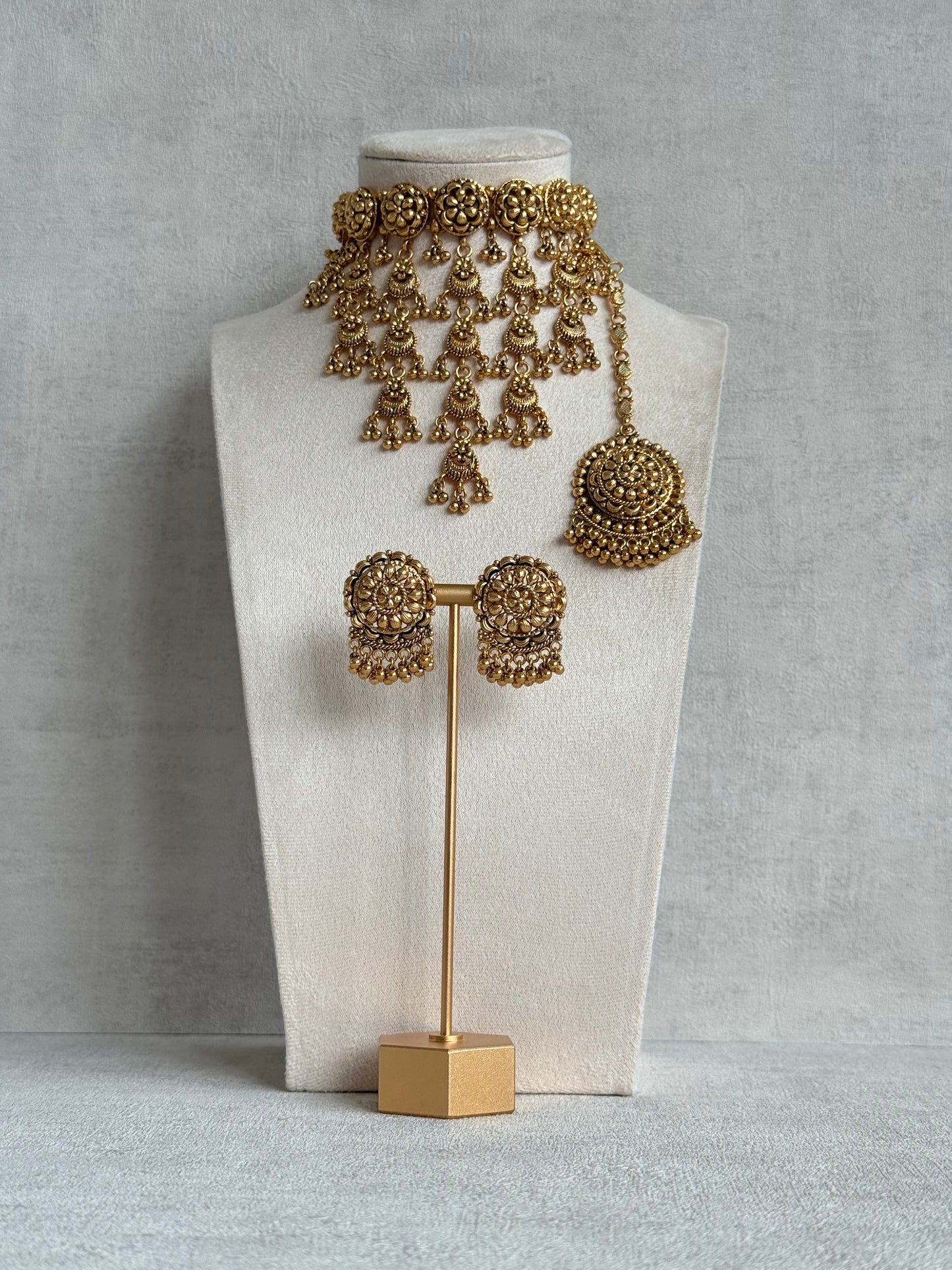 Ayura Designs Kimaya Choker Set with Earrings & Tikka – Gold Floral Waterfall Choker with Ghungroo Drops