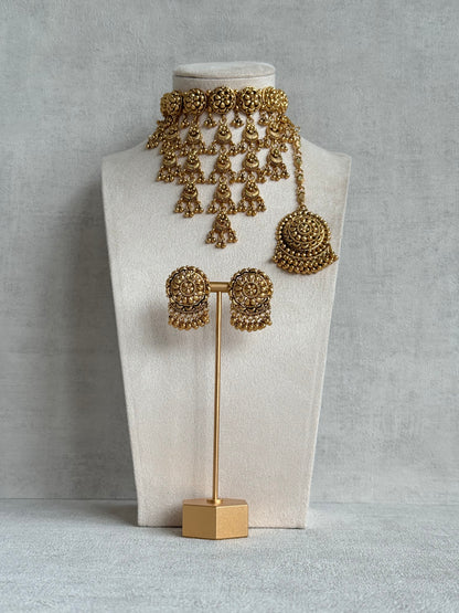 Ayura Designs Kimaya Choker Set with Earrings & Tikka – Gold Floral Waterfall Choker with Ghungroo Drops