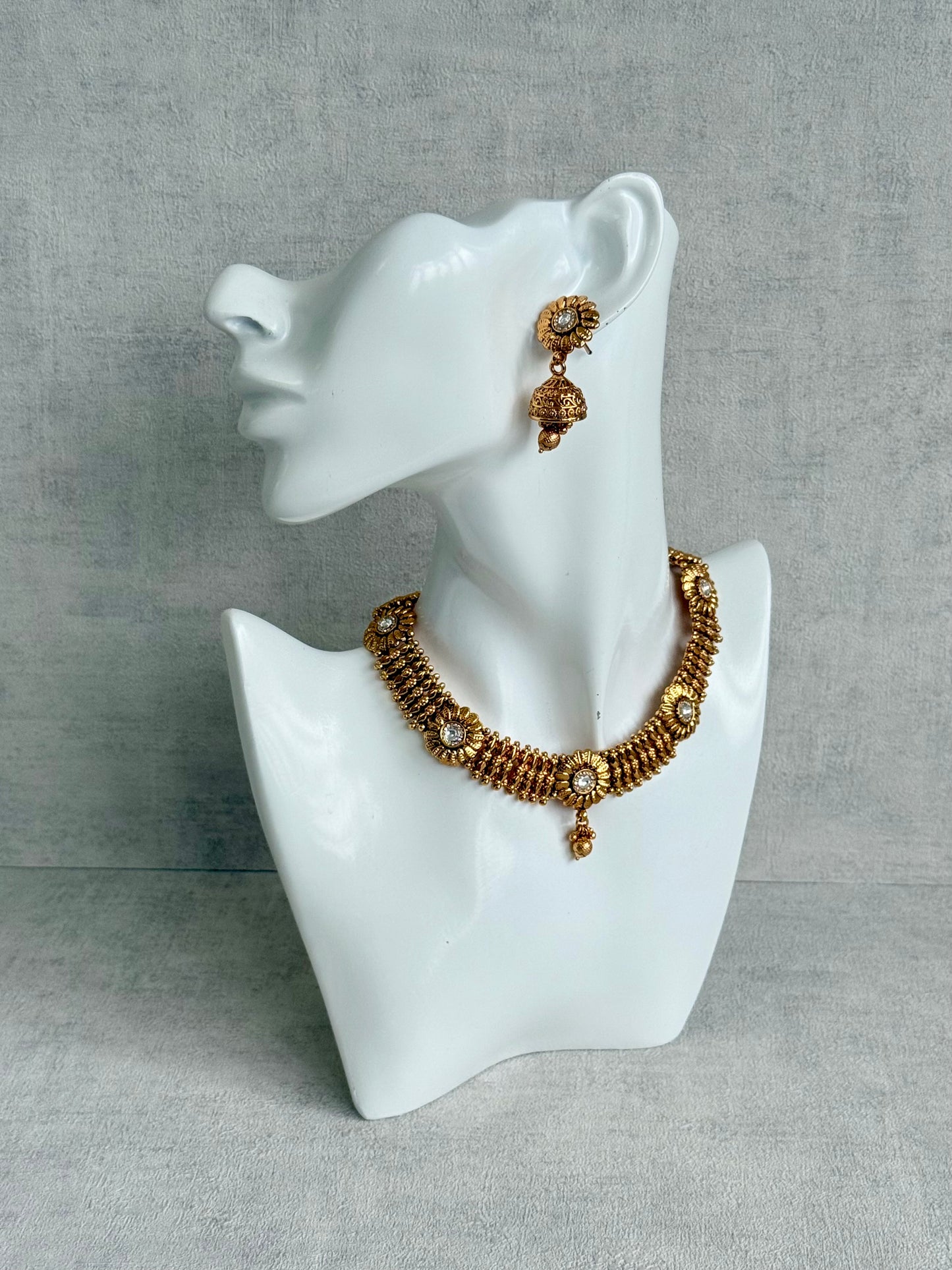 Ayura Designs Arisa Choker Set with Jhumkis – Antique Gold Floral Motifs with Ghungroo Drops
