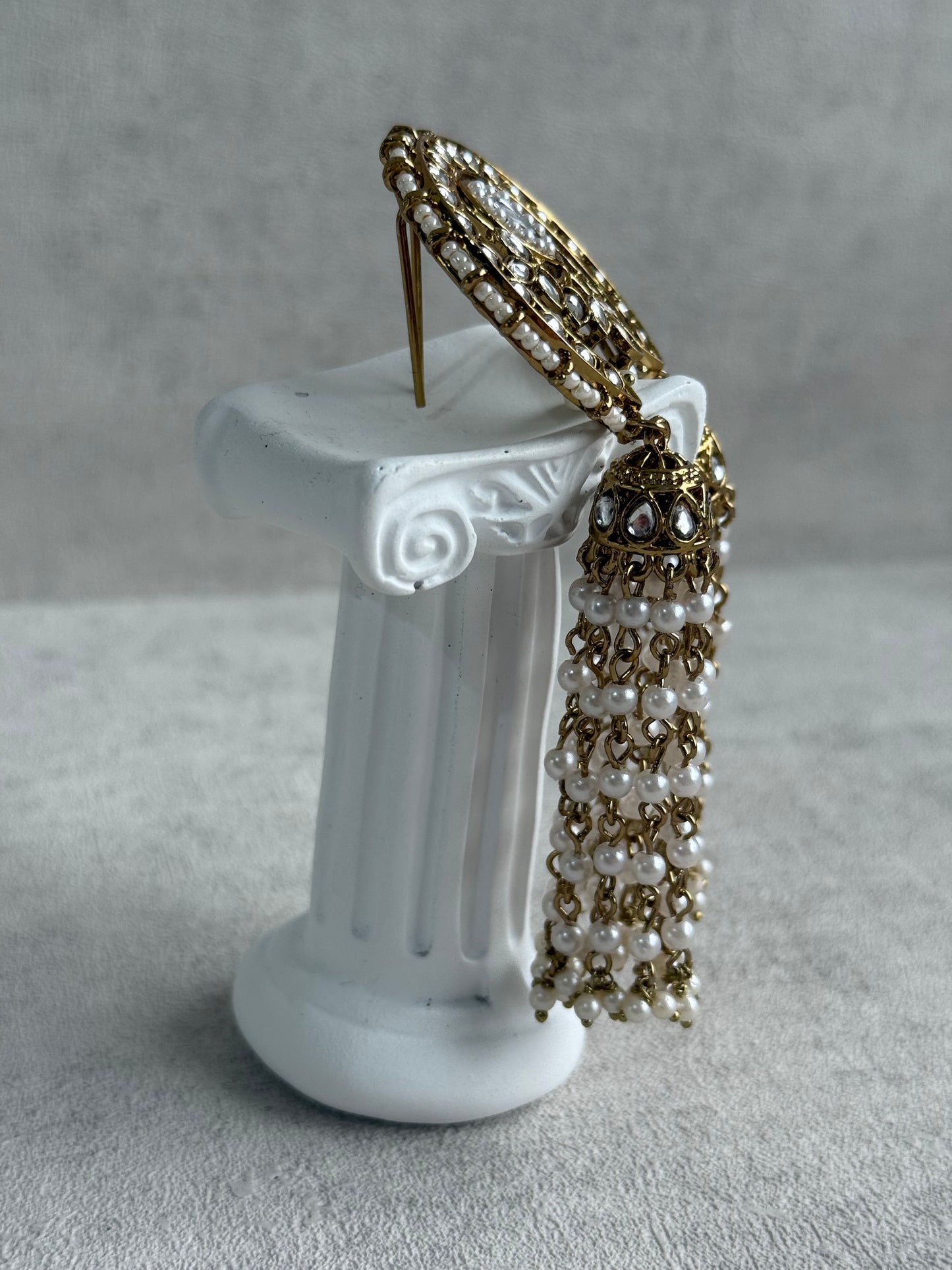 Ayura Designs Kamya Hair Brooch – Crescent Polki Design with Pearl Tassels & Antique Gold Finish