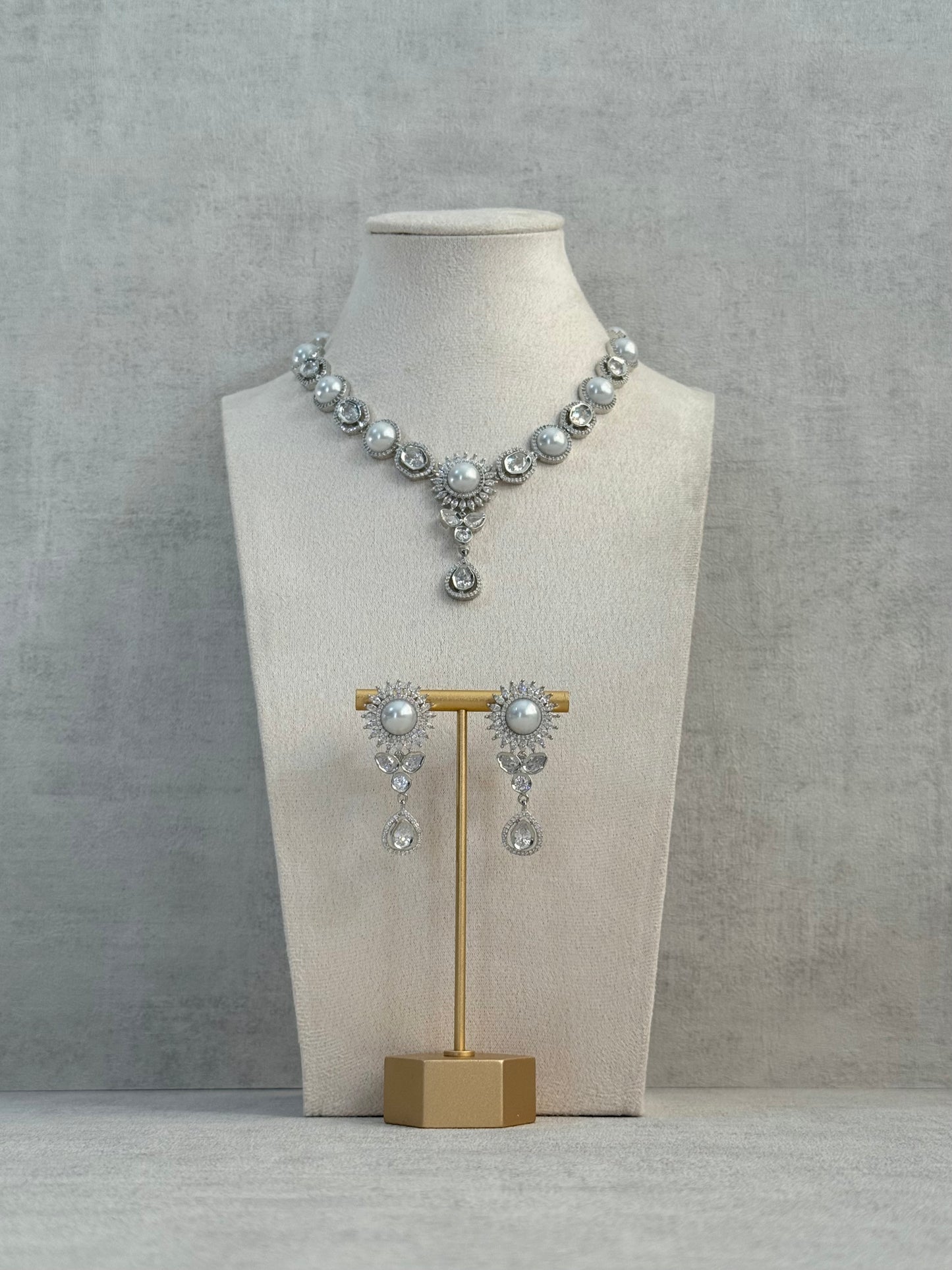Ayura Designs Tilly Set with Necklace & Earrings – Pearl Centre with Crystal Halo Detailing in Silver Finish