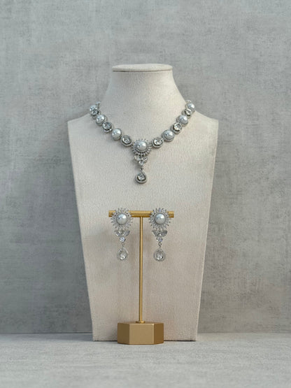 Ayura Designs Tilly Set with Necklace & Earrings – Pearl Centre with Crystal Halo Detailing in Silver Finish