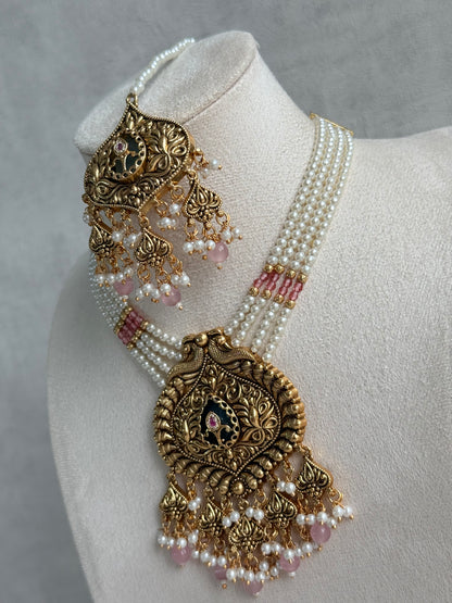 Ayura Designs Afia Necklace Set with Earrings & Tikka – Antique Gold, Blush Pink Pearls, Green Centre Stone & Peacock Motifs