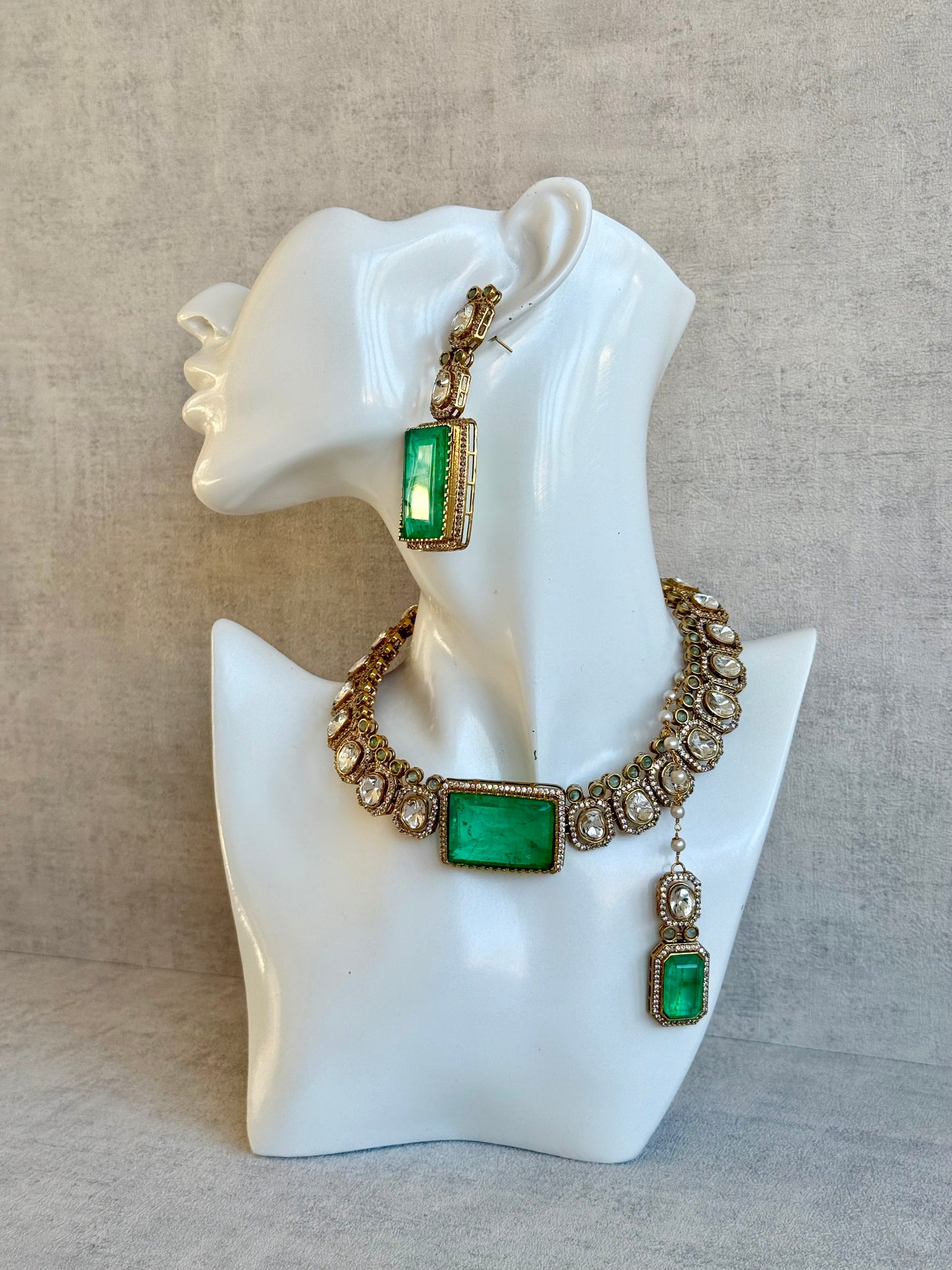 Ayura Designs Clara Set with Earrings & Tikka — Jade Green Moissanite Stones and Antique Gold Finish