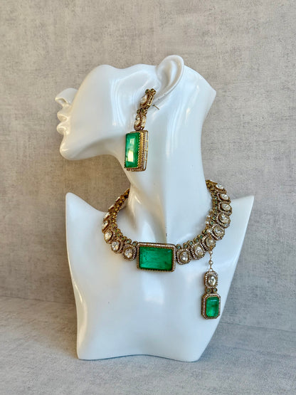 Ayura Designs Clara Set with Earrings & Tikka — Jade Green Moissanite Stones and Antique Gold Finish