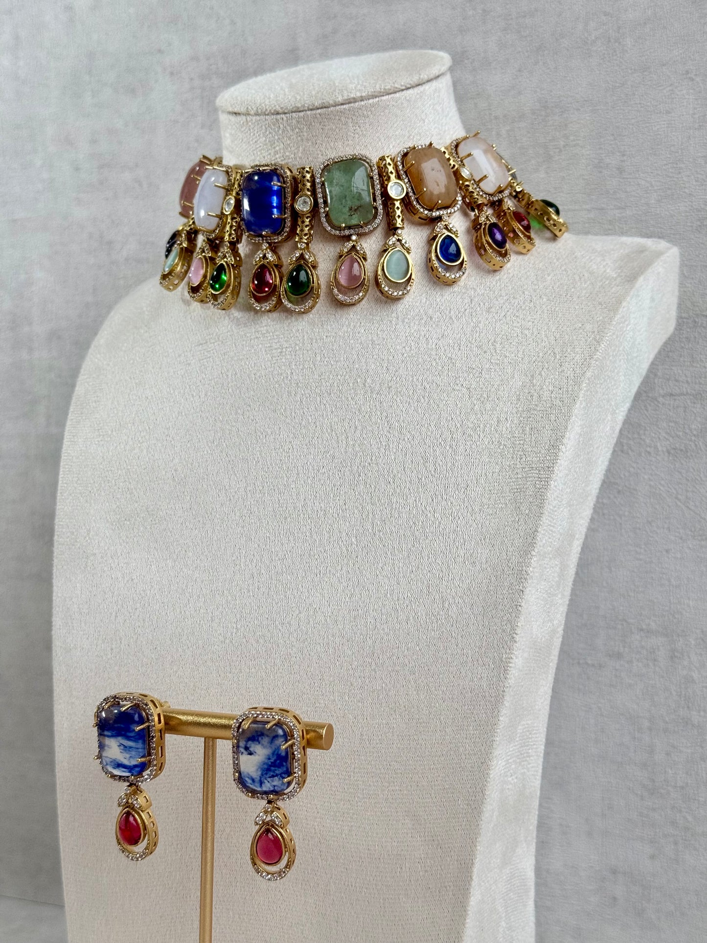 Ayura Designs Adelaide Necklace Set with Earrings – Multicolour Moissanite with Blue Stone Drop Earrings
