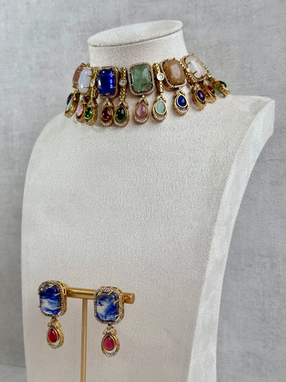Ayura Designs Adelaide Necklace Set with Earrings – Multicolour Moissanite with Blue Stone Drop Earrings
