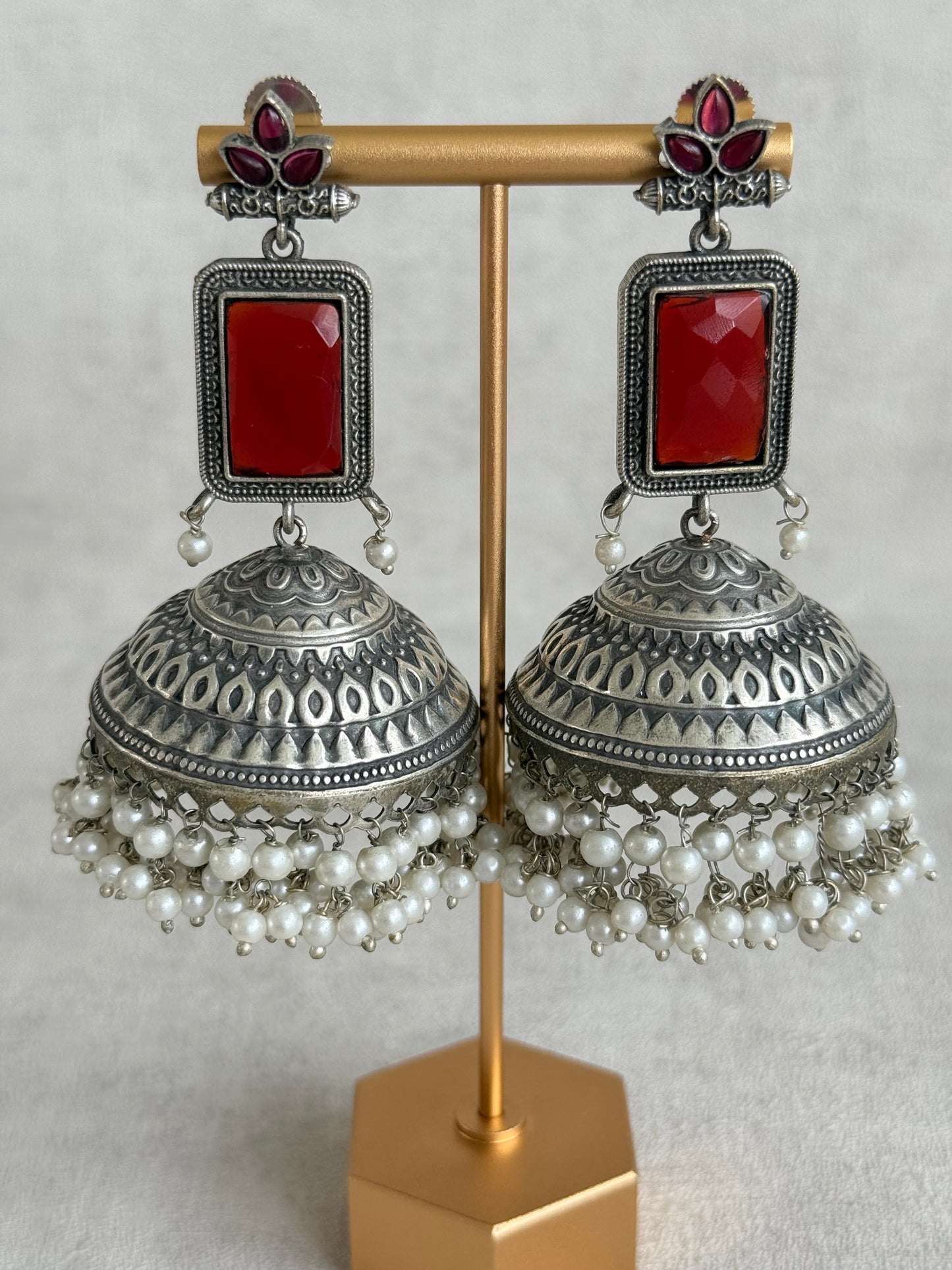Ayura Designs Zeba Earrings – Oxidised Statement Jhumkis in Ruby Red & Pink Stones with Pearl Detailing