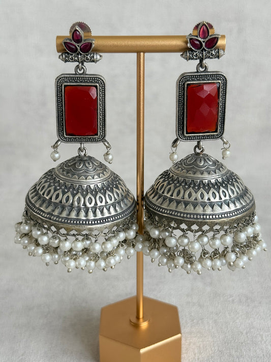 Ayura Designs Zeba Earrings – Oxidised Statement Jhumkis in Ruby Red & Pink Stones with Pearl Detailing