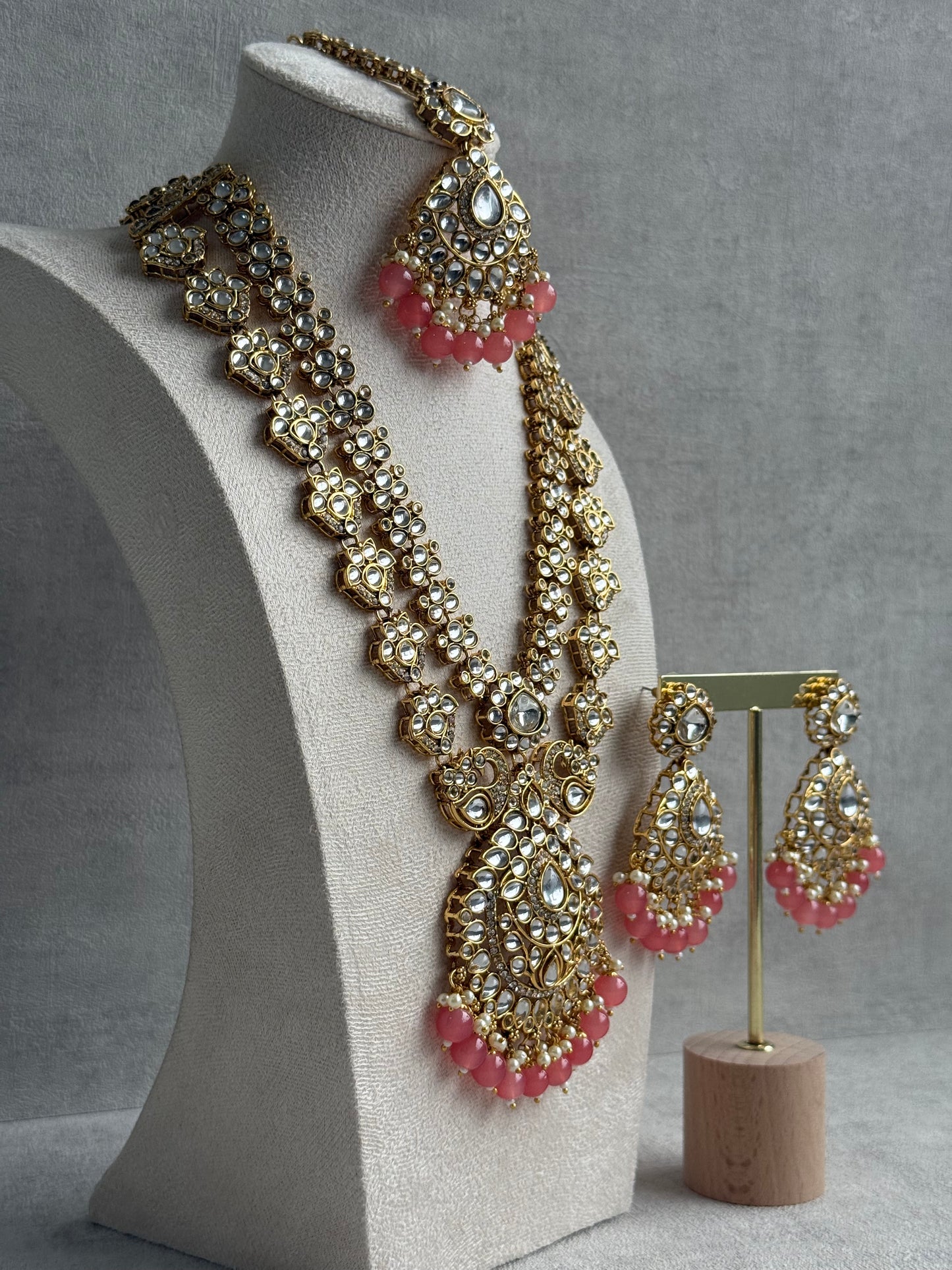Ayura Designs Javeria Set with Earrings & Tikka – Peach Beads, Mirror Kundan & Gold Finish