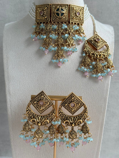 Ayura Designs Samera Choker Set with Earrings & Tikka – Aqua Blue & Blush Pink Beads, Green Centre Stone, Floral Motifs & Antique Gold Finish