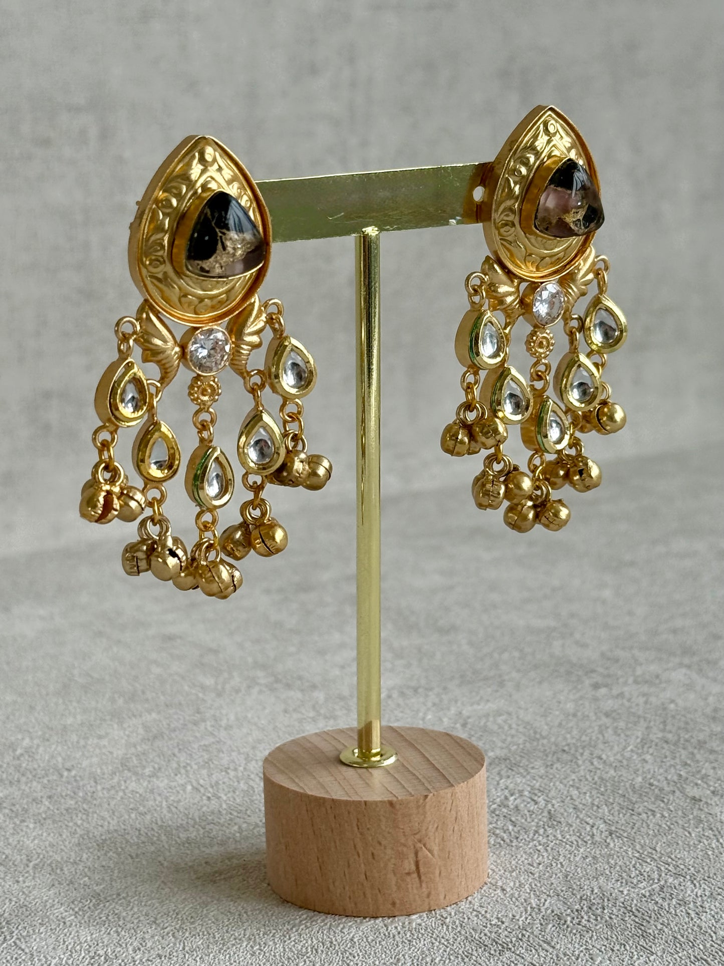 Ayura Designs Arheer Earrings – Onyx & Bronze Marble with Kundan Detailing & Antique Gold Ghungroos