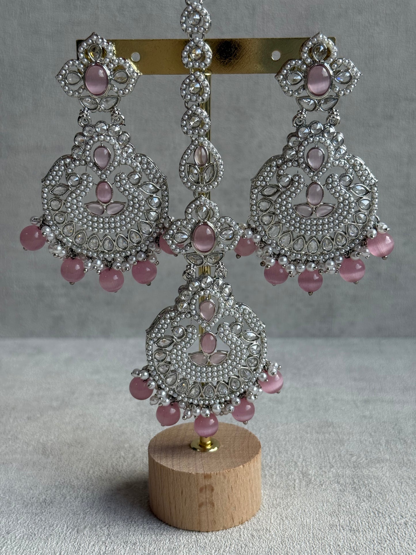 Ayura Designs Zarlish Set – Choker, Earrings & Tikka with Mirror-Cut Stones, Blush Pink Beads & Silver Finish