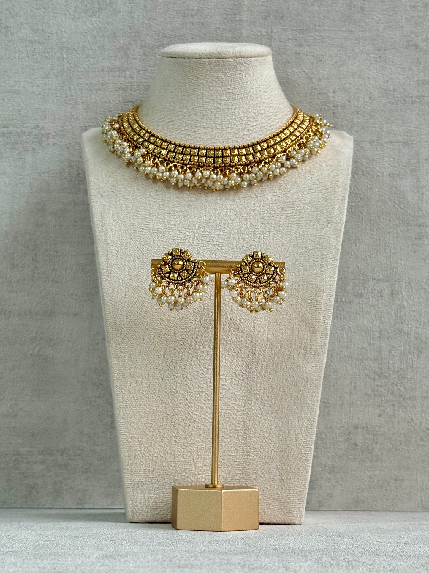 Ayura Designs Ranya Set – Antique Gold Necklace with Stud Earrings & Pearl Detailing