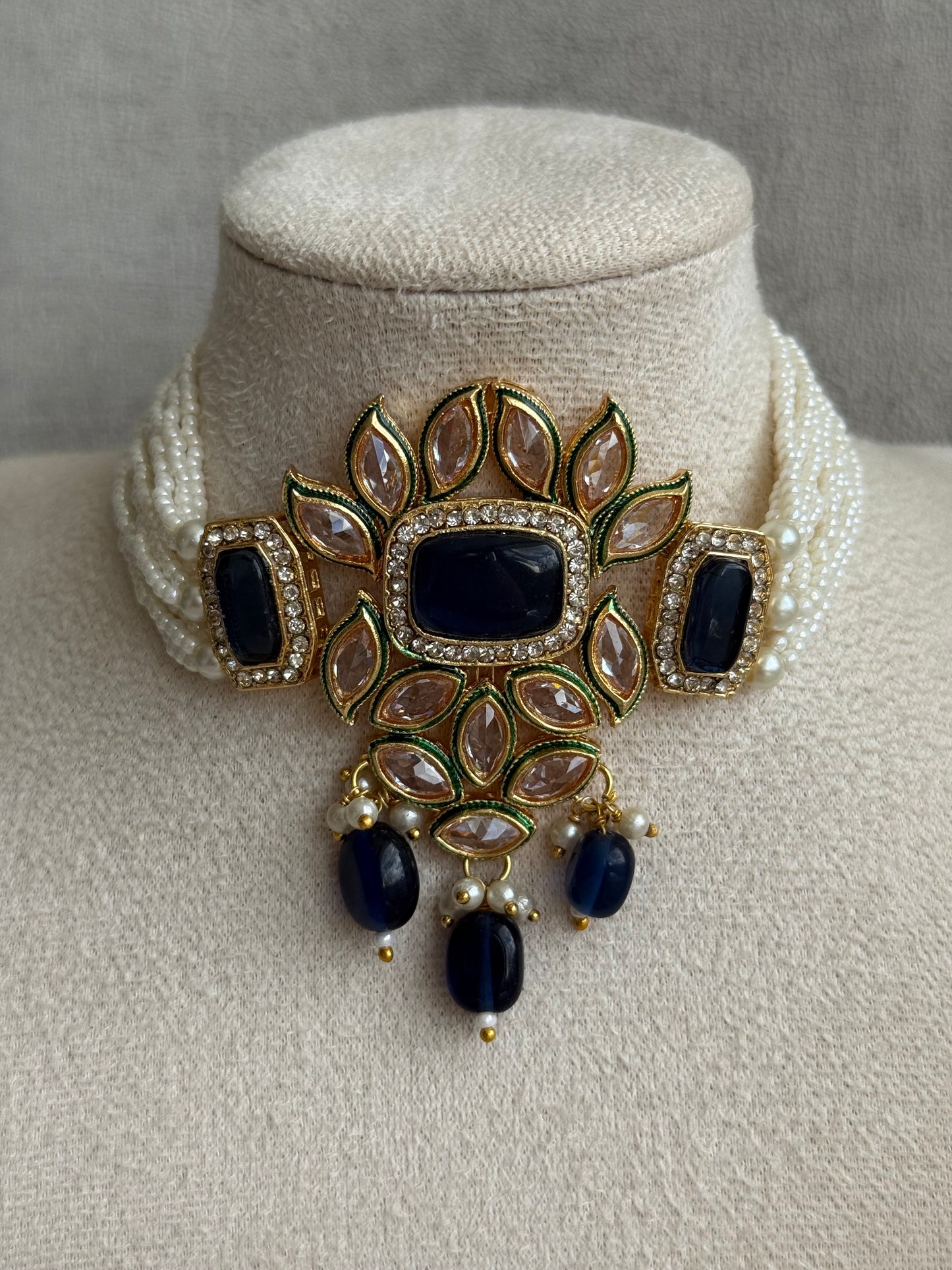 Ayura Designs Raaz Set with Necklace & Earrings – Ink Blue Stones, Kundan Detailing & Antique Gold Finish