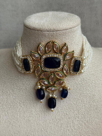 Ayura Designs Raaz Set with Necklace & Earrings – Ink Blue Stones, Kundan Detailing & Antique Gold Finish