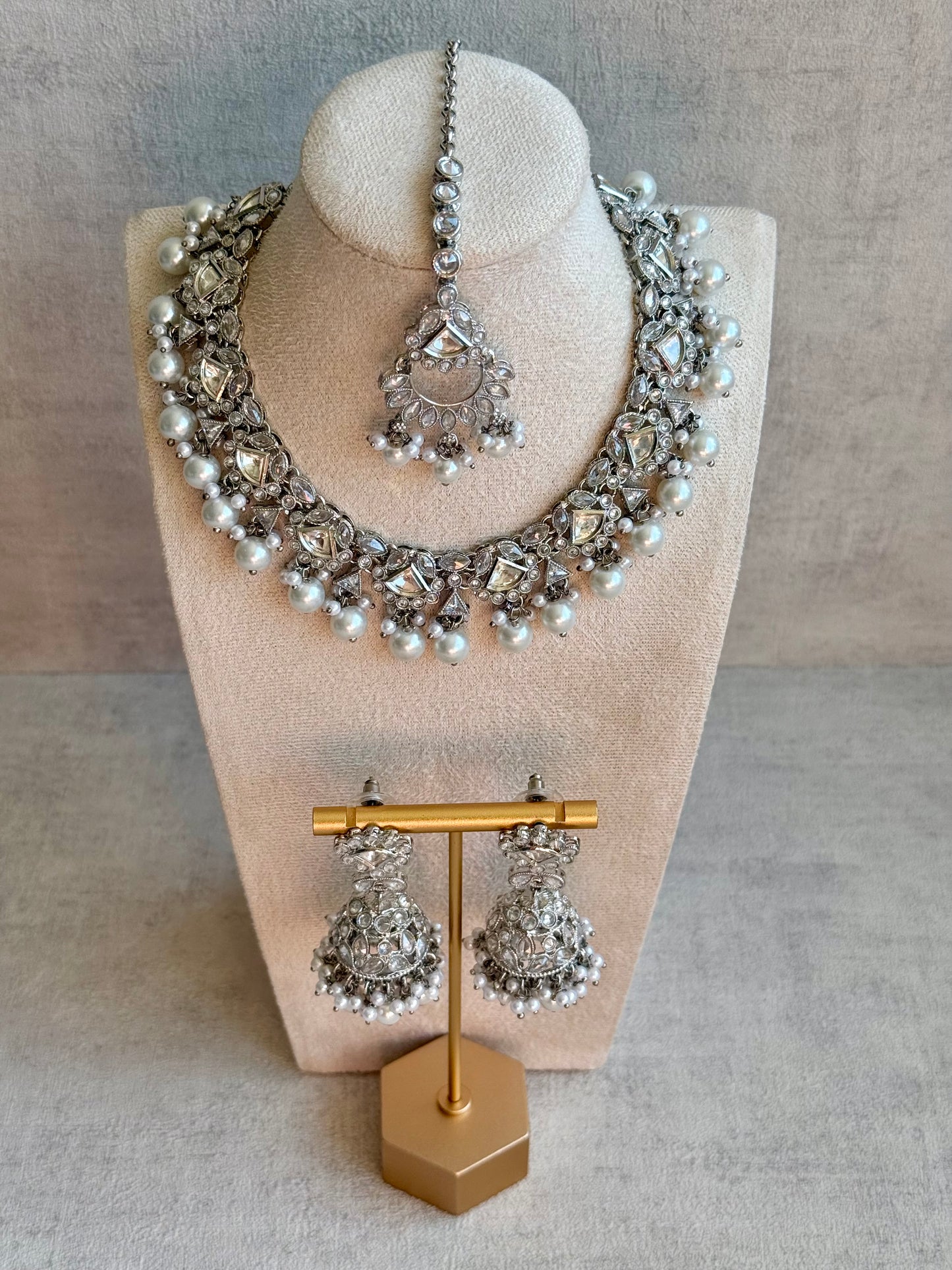 Ayura Designs Fozia Set with Necklace, Jhumkis & Tikka – Mirror-Cut Stones & Pearl Detailing in Silver Finish