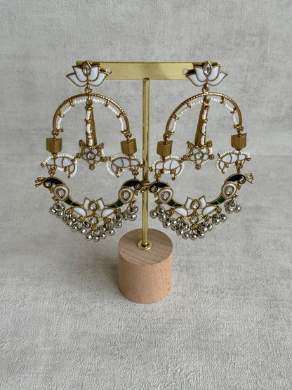 Ayura Designs Zoonpari Earrings – Ivory Pearl, Blue & Green Meenakari Peacock Chandeliers in Dual Tone with Ghungroos