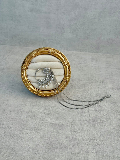 Ayura Designs Kasu Nath – Silver Nath with Pearl Drops, Crystal Detailing & Layered Chain Design