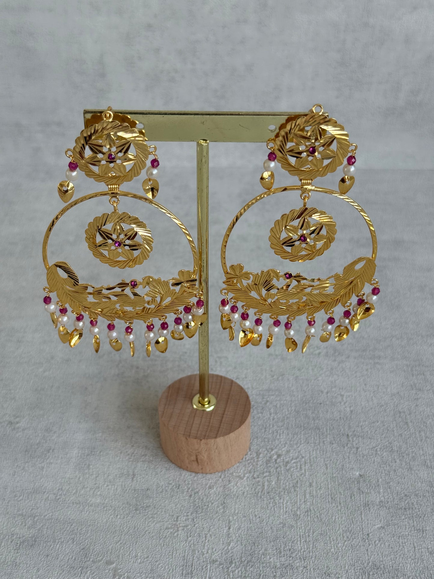 Ayura Designs Puran Earrings – Gold Peacock Pipal Patti Chandbalis with Pink & Ivory Detailing