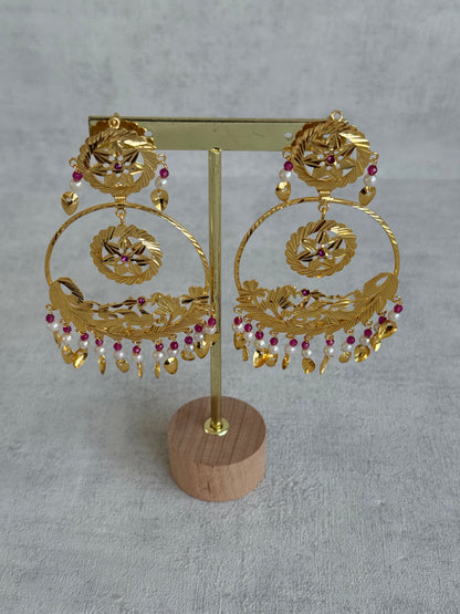 Ayura Designs Puran Earrings – Gold Peacock Pipal Patti Chandbalis with Pink & Ivory Detailing
