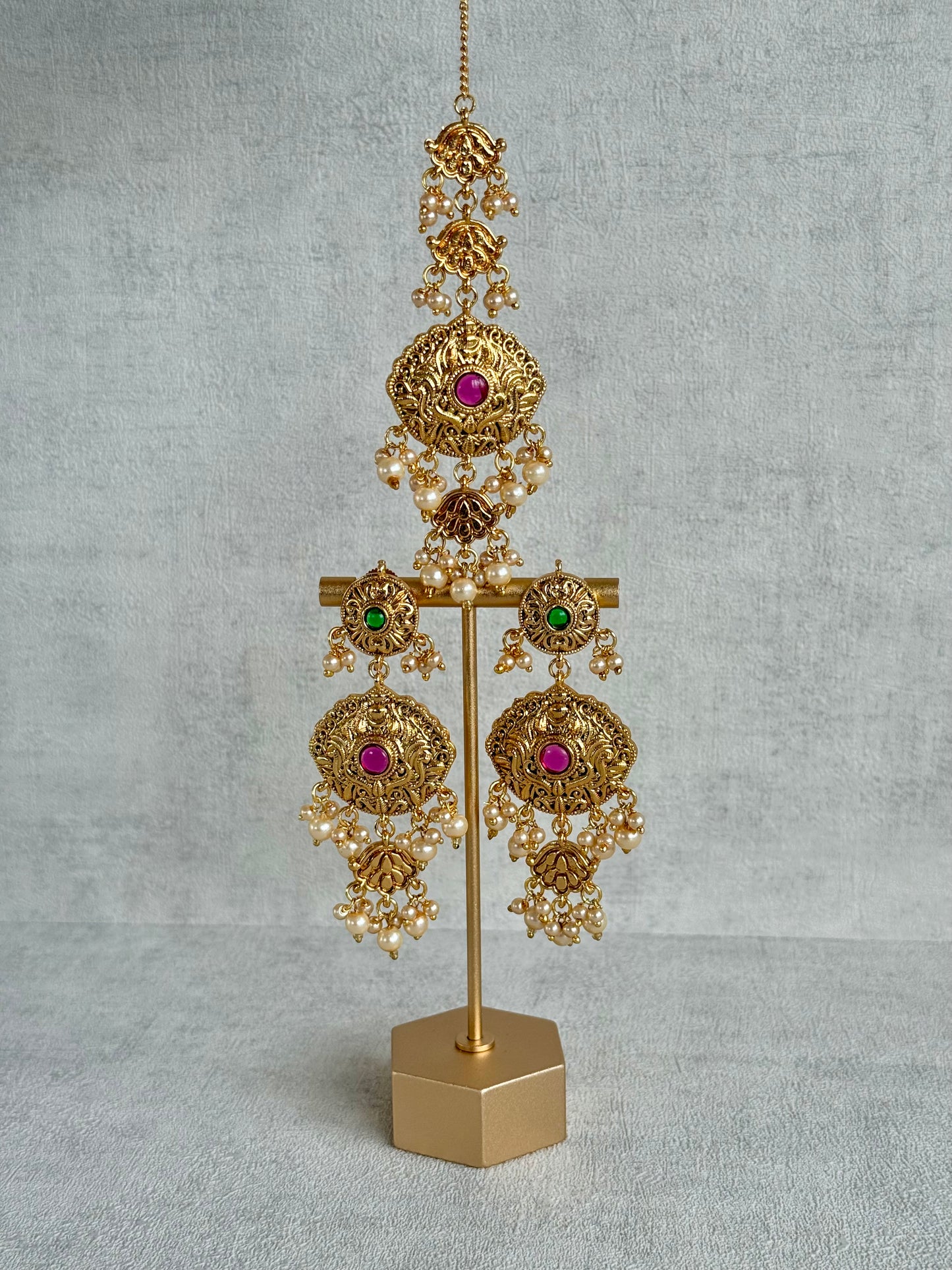 Ayura Designs Maharani Bridal Set with Choker, Haar, Earrings & Tikka – Antique Gold with Pink Stones & Pearl Detailing