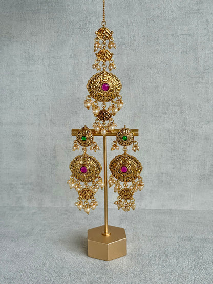 Ayura Designs Maharani Bridal Set with Choker, Haar, Earrings & Tikka – Antique Gold with Pink Stones & Pearl Detailing