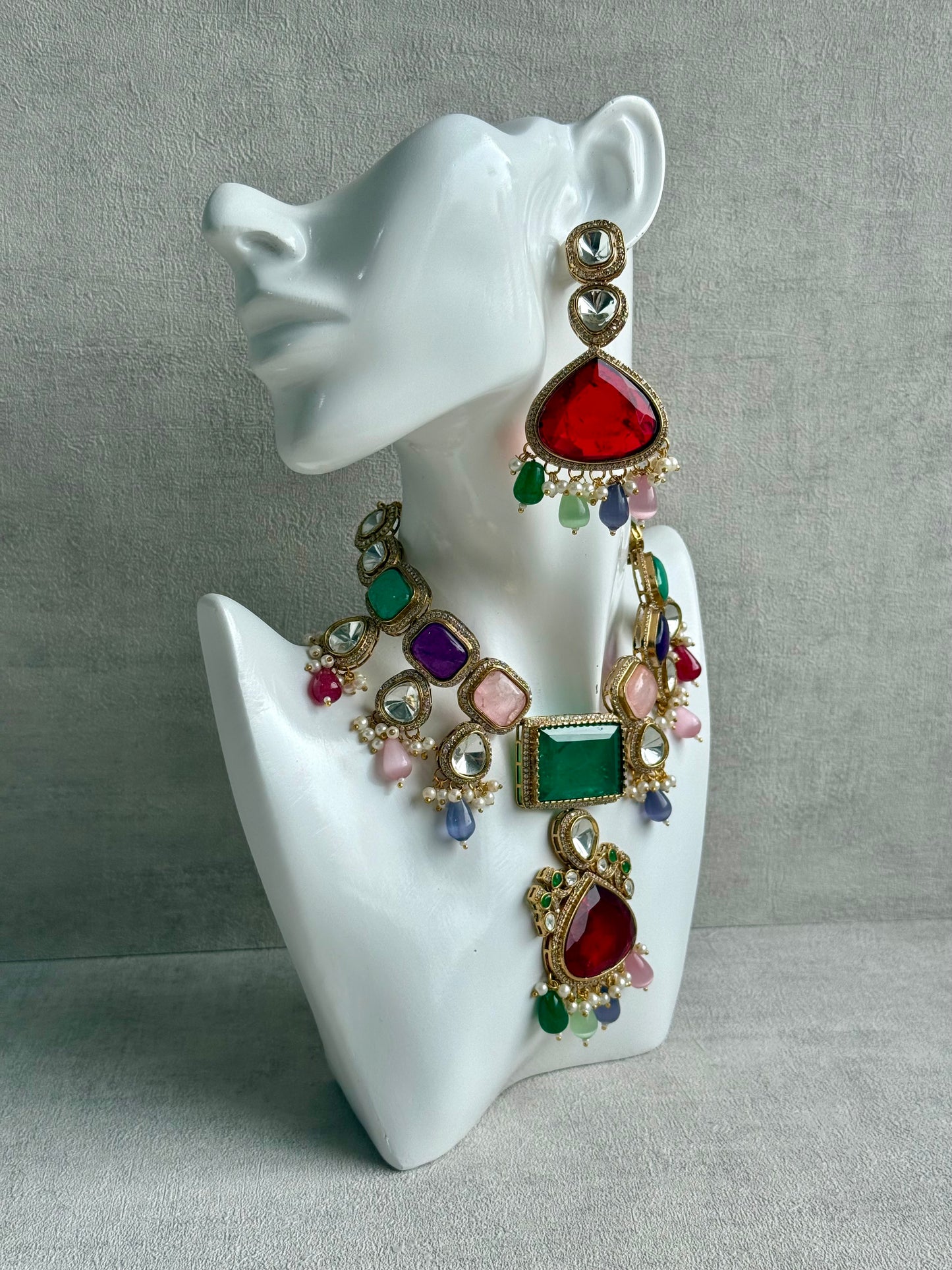 Ayura Designs Lara Set – Statement Multicolour Necklace, Earrings & Tikka with Ruby, Emerald & Pastel Beads