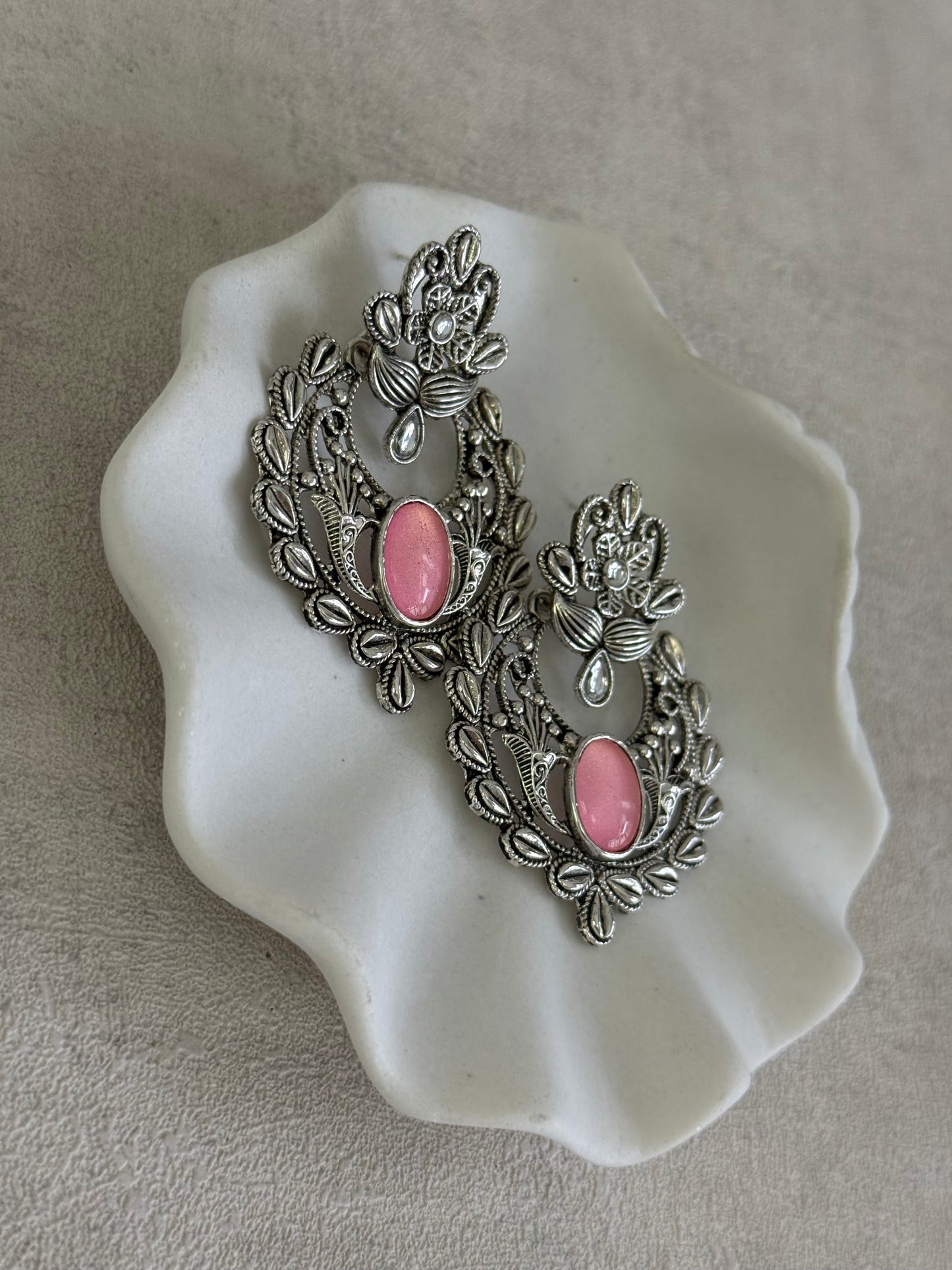 Ayura Designs Eila Earrings with Rose Pink Stone in Antique Silver Finish